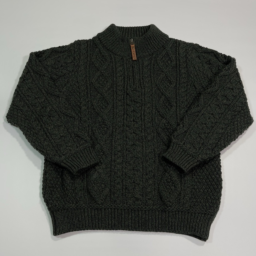 Aran Sweater Market 1/4 Zip Cable Knit Sweater Size Kids 8-11 Years Green Wool